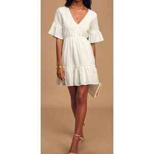 Lulus Sunshine Daydream White Short Sleeve Cutout Mini Dress Size Large NWT‎